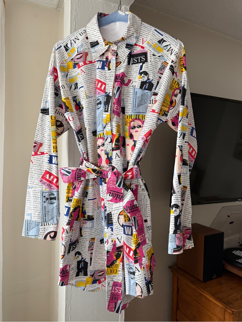 New York & Company Newspaper Print Belted Shirt Dress Size Small